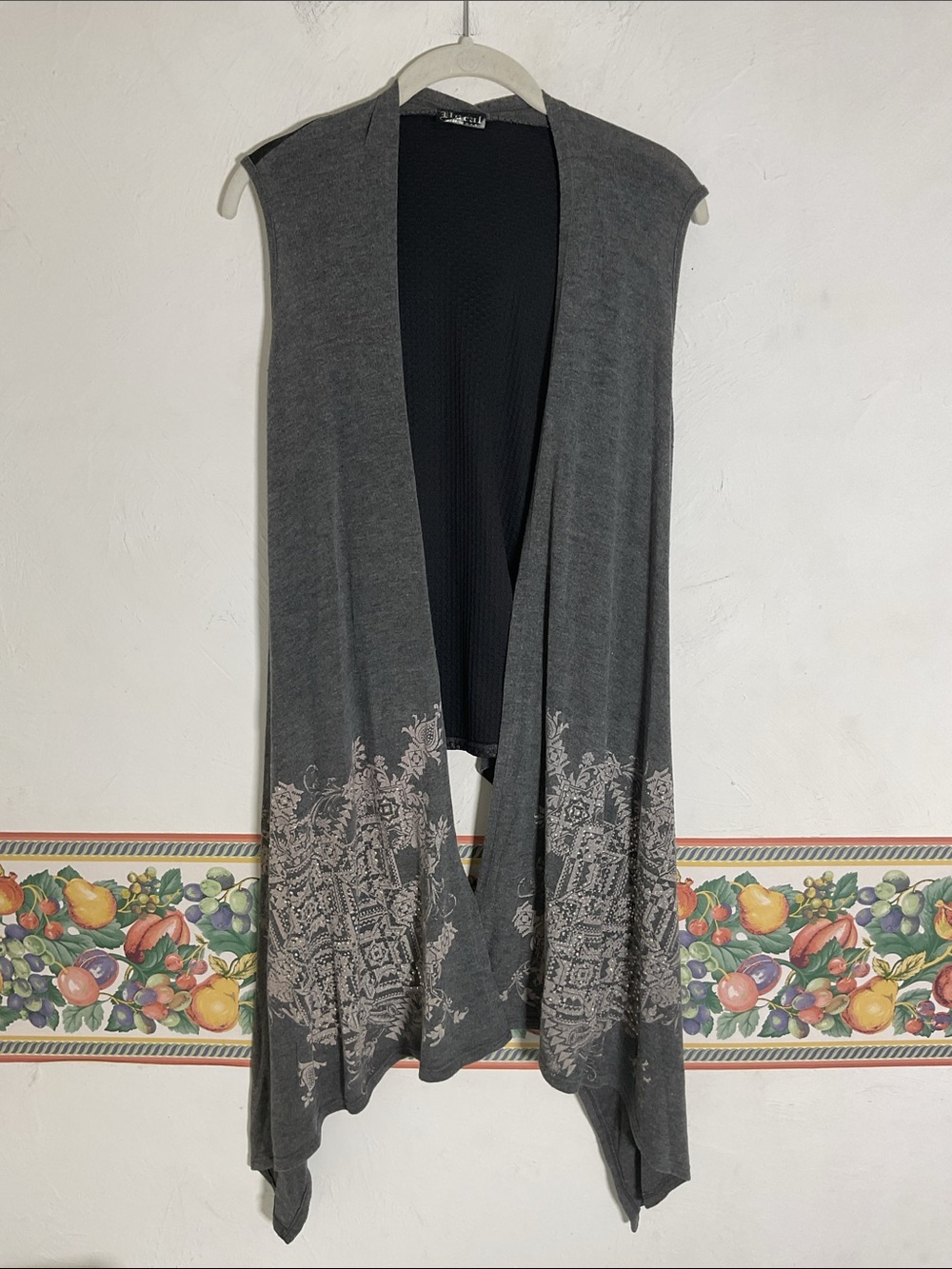 VOCAL USA Grey Rhinestone Embellished Draped Open Front Duster Vest Size S
